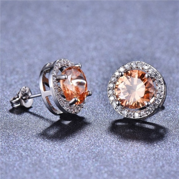 Elegant Round Cut Champagne Topaz Stud Earrings - Picture 2 of 4